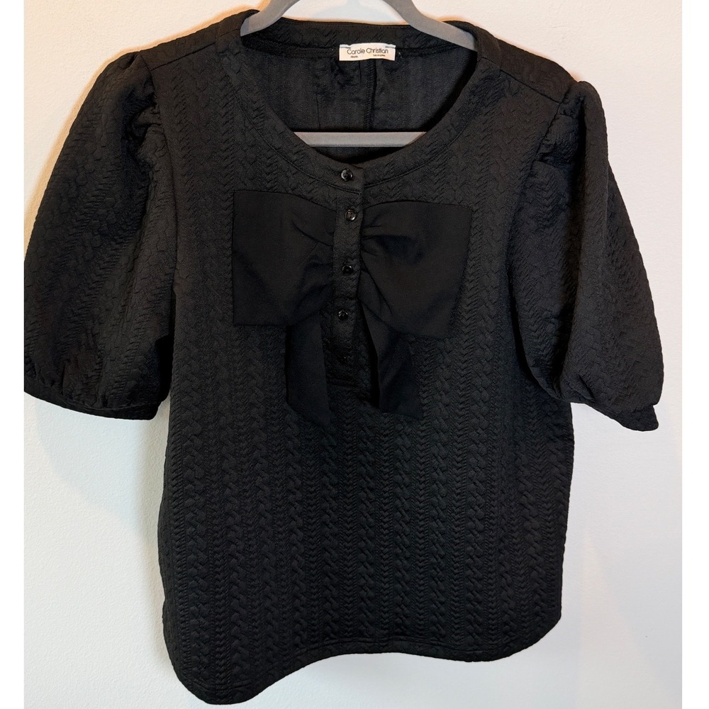 Carole Christian Black Textured Bow Puff Sleeve Top Medium CCT72324